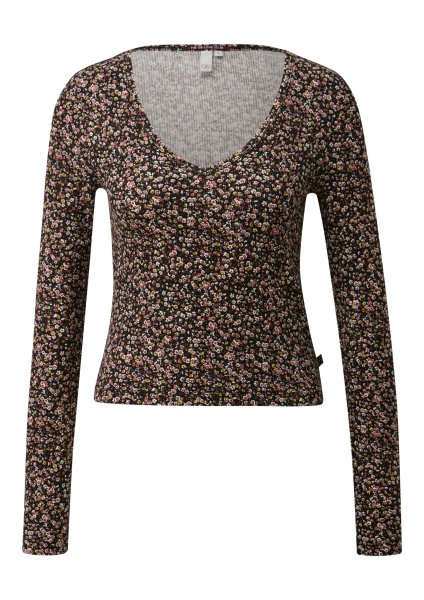 QS Geripptes T-Shirt aus Viskosemix mit All-over-Print 10817230